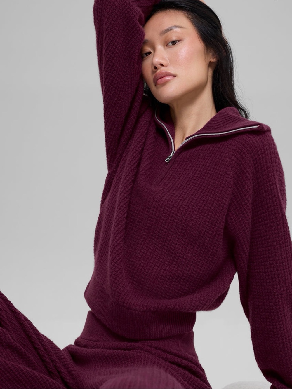 ALO cashmere plush waffle 1/4 zip pullover